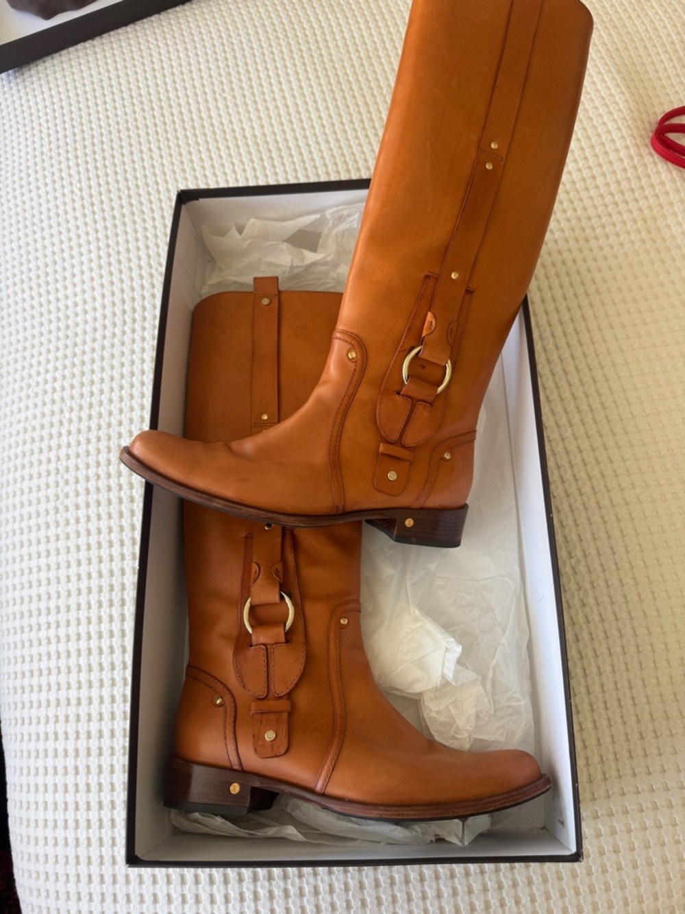 Vintage Celine Tall Leather Riding Boots in Cognac Brown, with dust bag and box